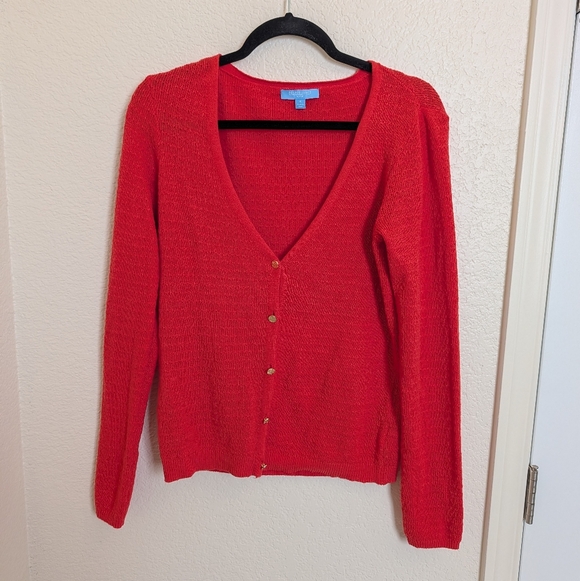 Draper James Sweaters - Draper James RSVP Red Textured VNeck Long Sleeve Button Cotton Blend Cardigan S